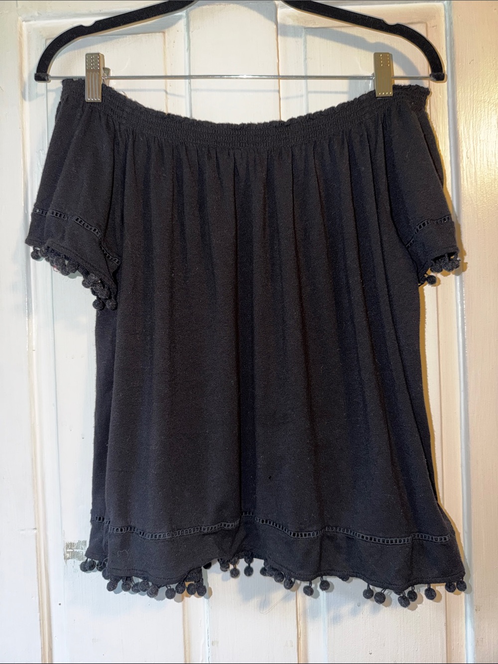 H&M Black Off-Shoulder Pom Pom Trim Womens Top